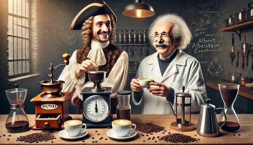 Voltaire and Einstein enjoying coffee in the lab.